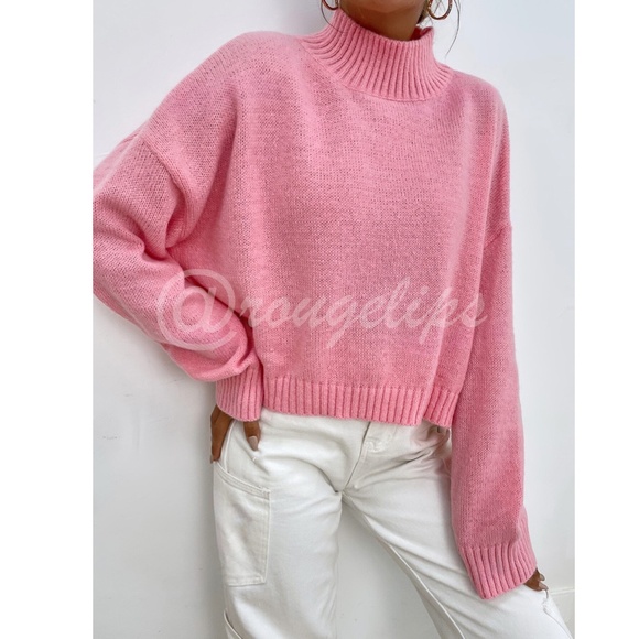 Pink Turtleneck Oversized Pullover Knit Sweater Drop Shoulder - Picture 3 of 8